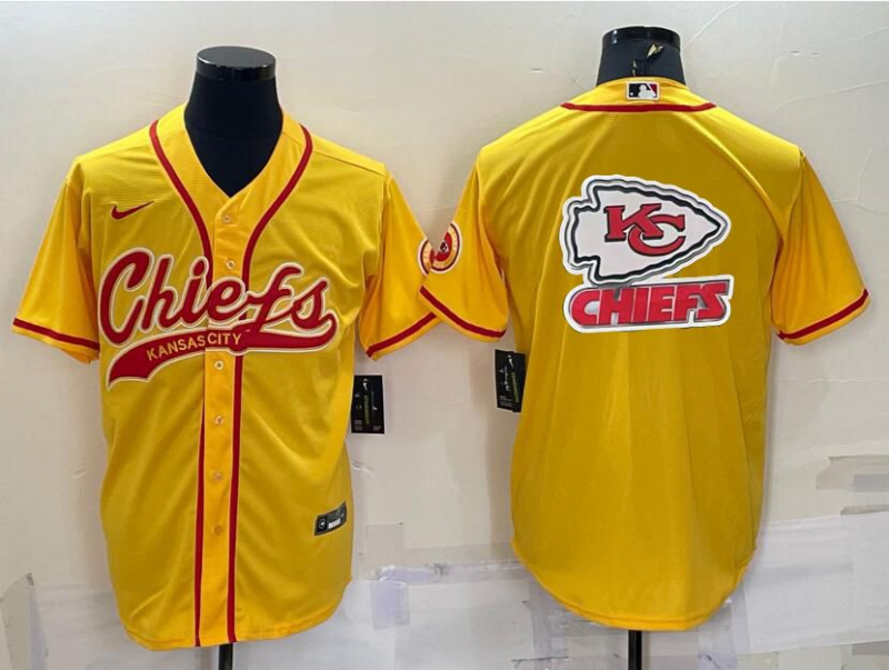 Men's Kansas City Chiefs Gold Team Big Logo With Patch Cool Base Stitched Baseball Jersey Men's Kansas City Chiefs Gold Team Big Logo With Patch Cool Base Stitched Baseball Jersey